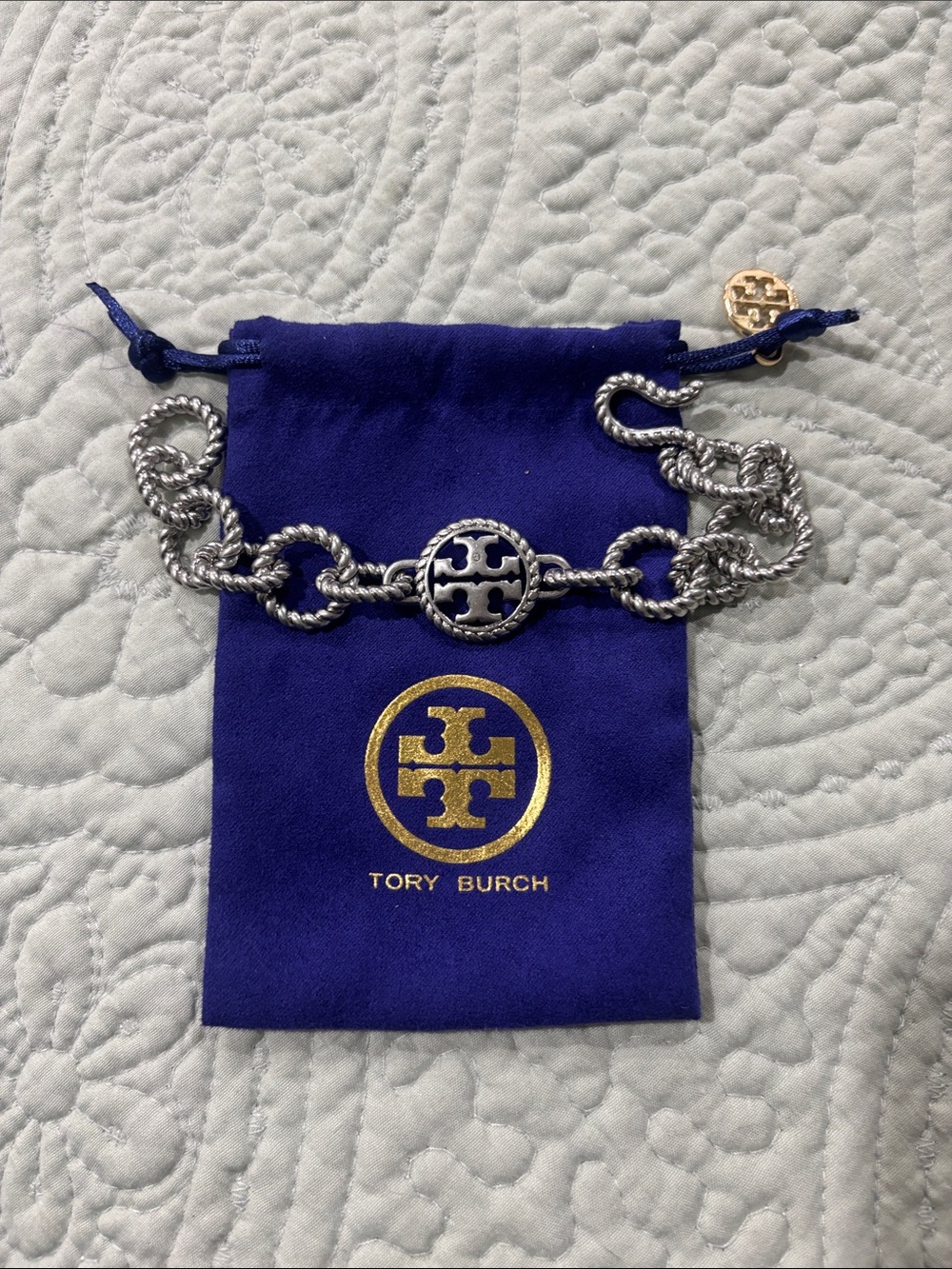 Tory Burch Silver-Tone Rope Chain Logo Bracelet